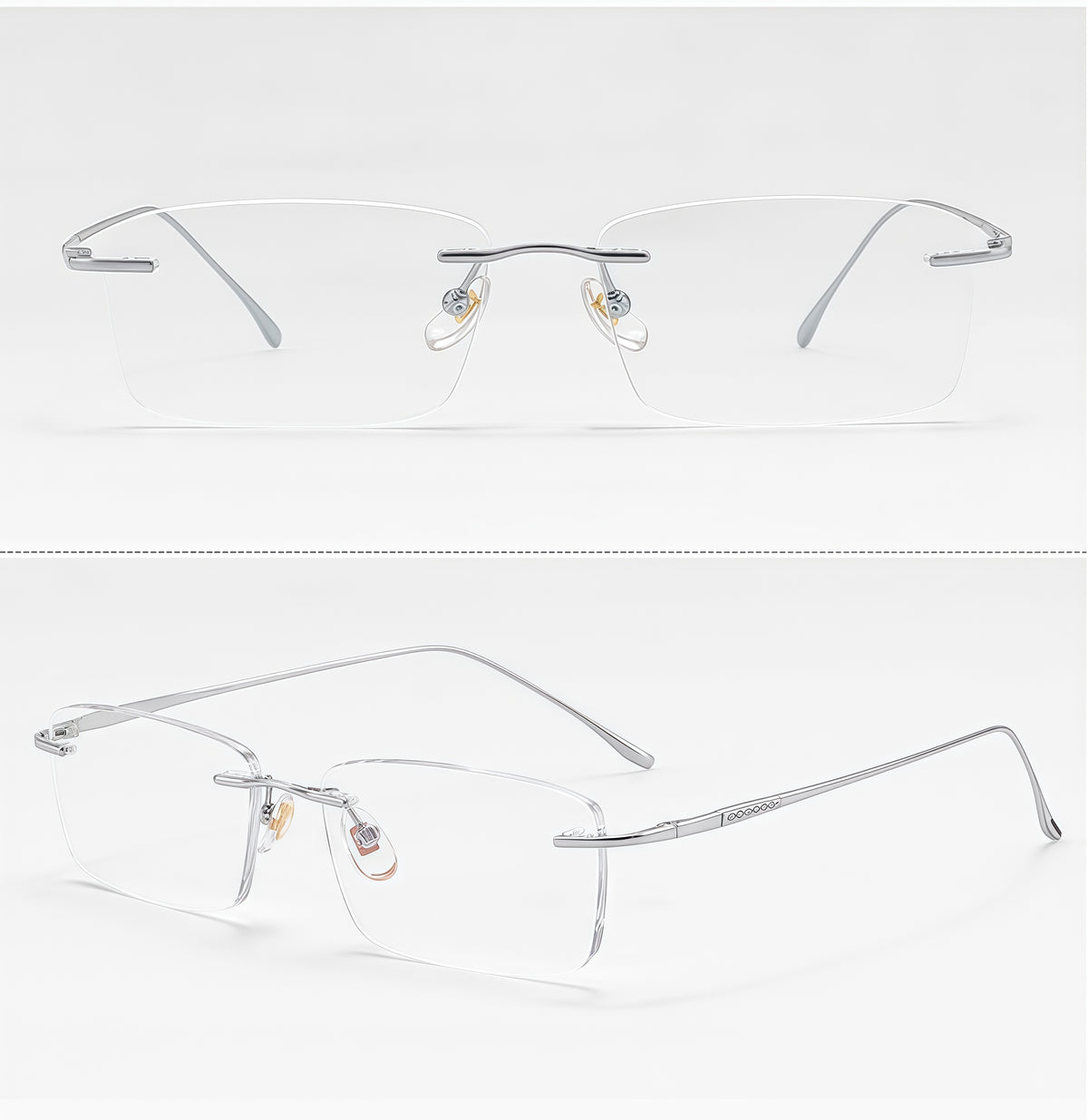 Silver unisex pure titanium rectangular rimless eyeglass frames, product views