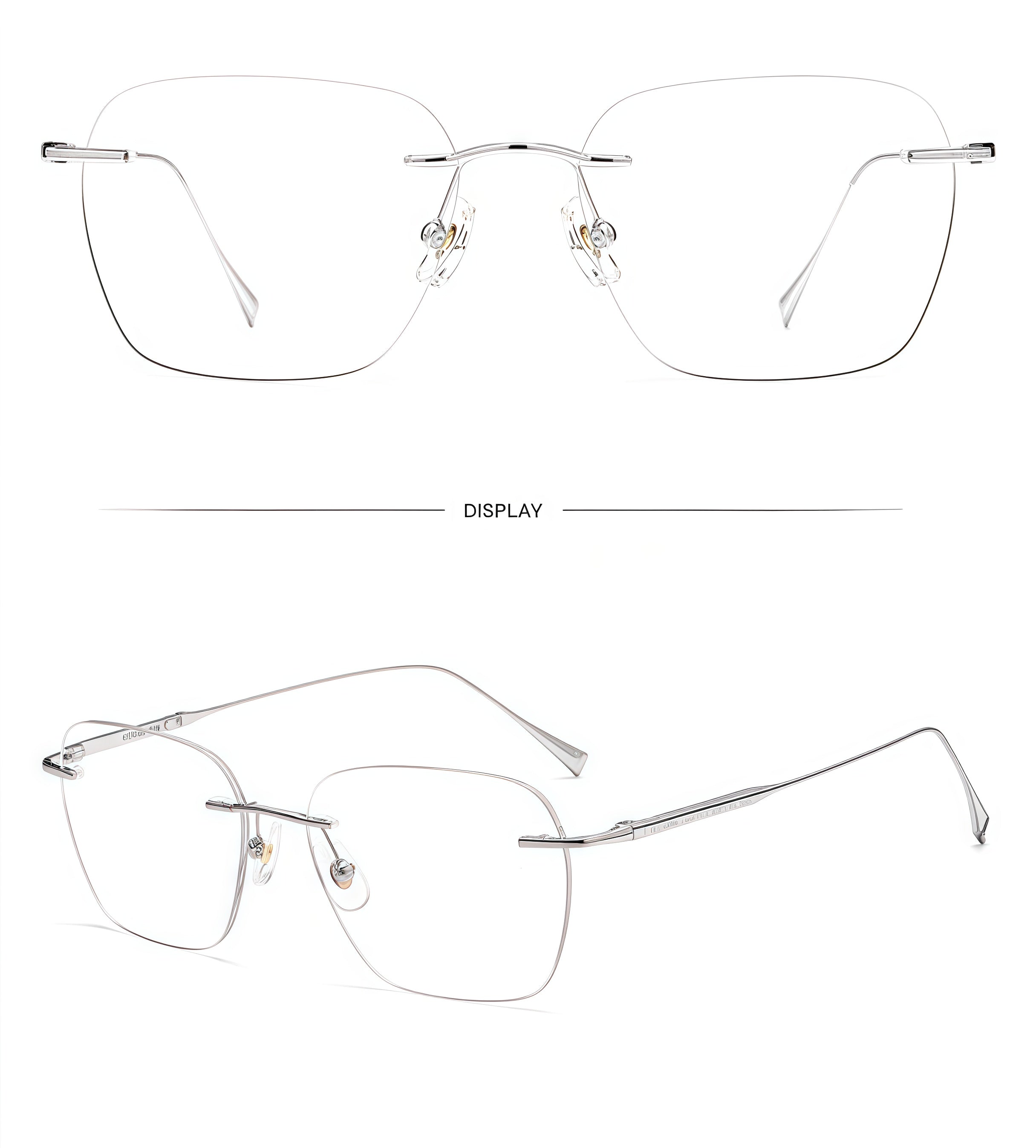 Silver unisex semi-titanium rimless softly-square glasses, supplier composite detail
