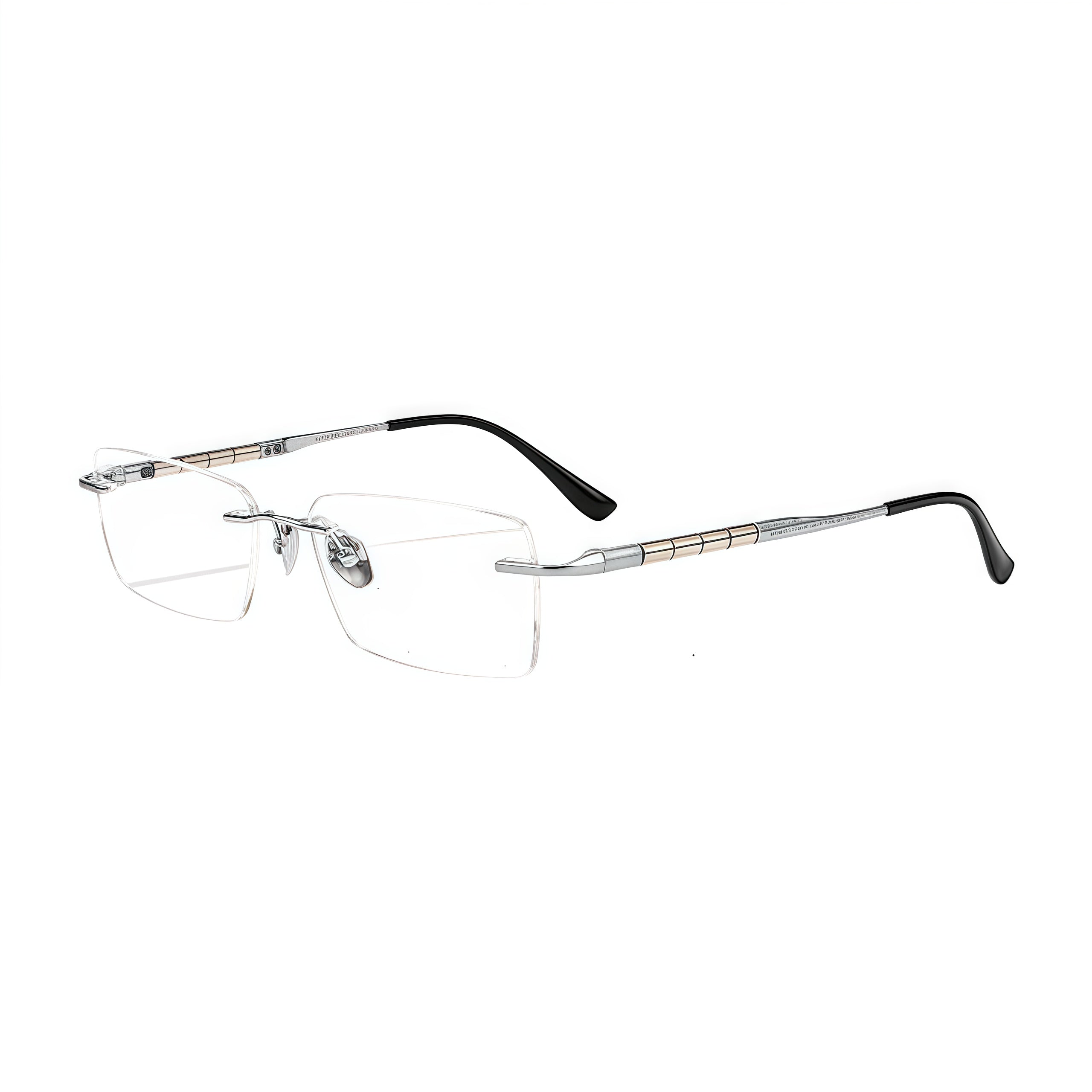 Silver men's semi-titanium rimless segmented-temple glasses, 45-degree product view