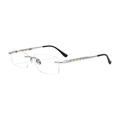 Silver men's semi-titanium rimless segmented-temple glasses, 45-degree product view