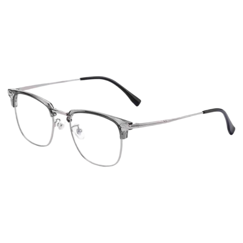 Crystal Grey and Gunmetal sophisticated square browline profile semi-rimless eyeglass frame, three-quarter product view