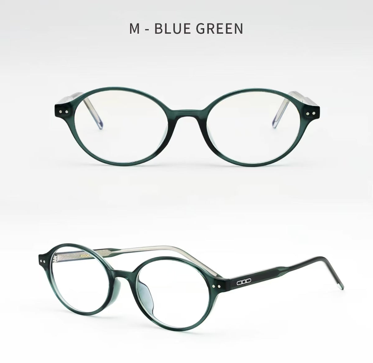 Blue Green acetate oval full-rim glasses, original front and 45-degree product detail