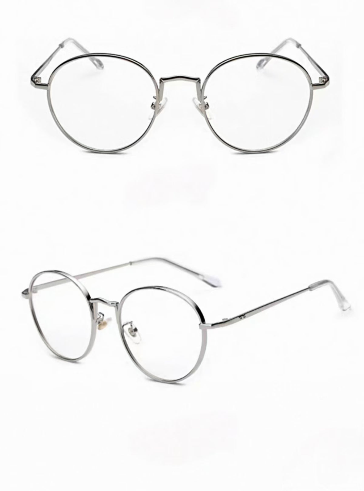 Silver men's alloy near-round full-rim glasses, original front-and-45-degree composite detail