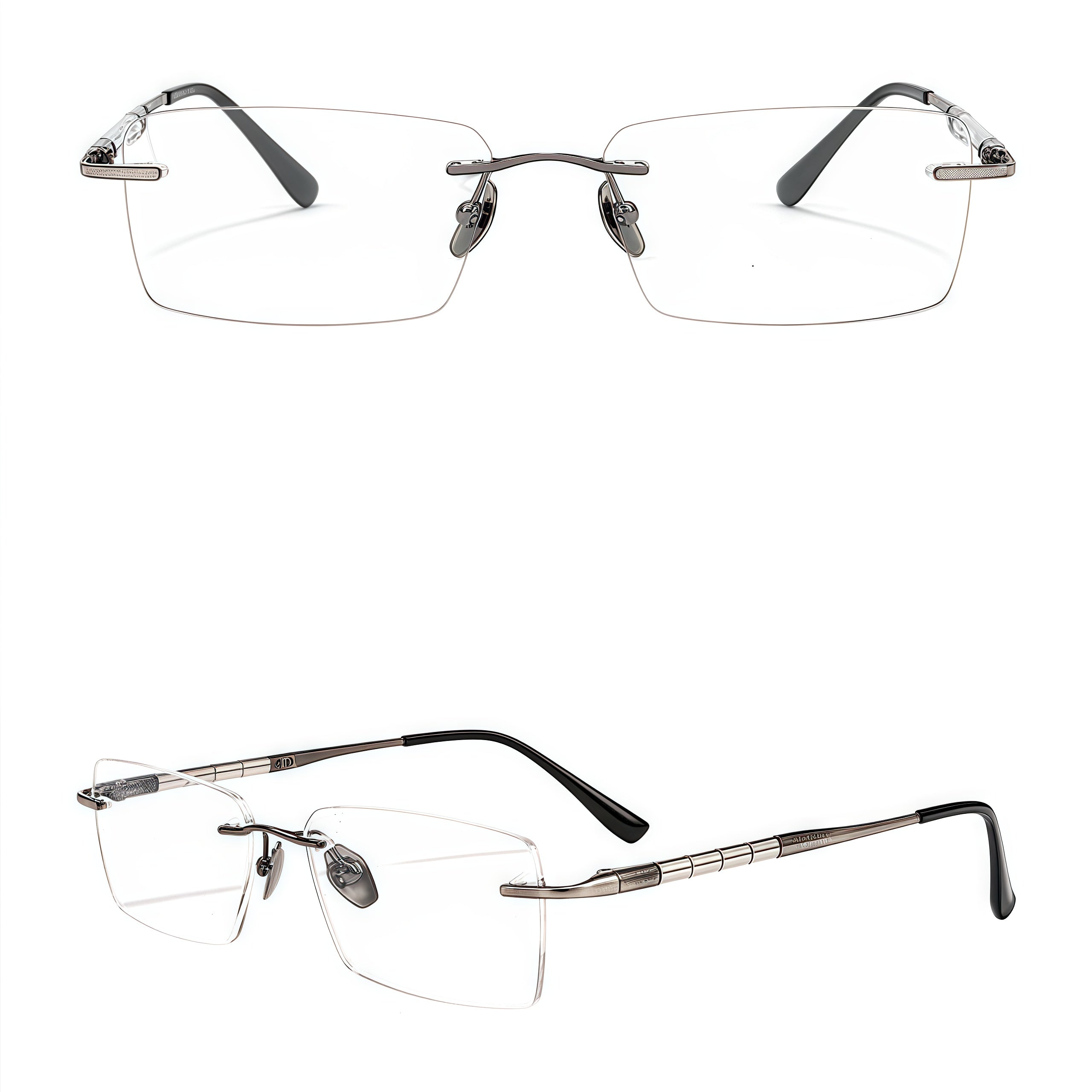 Gunmetal men's semi-titanium rimless segmented-temple glasses, front and 45-degree composite