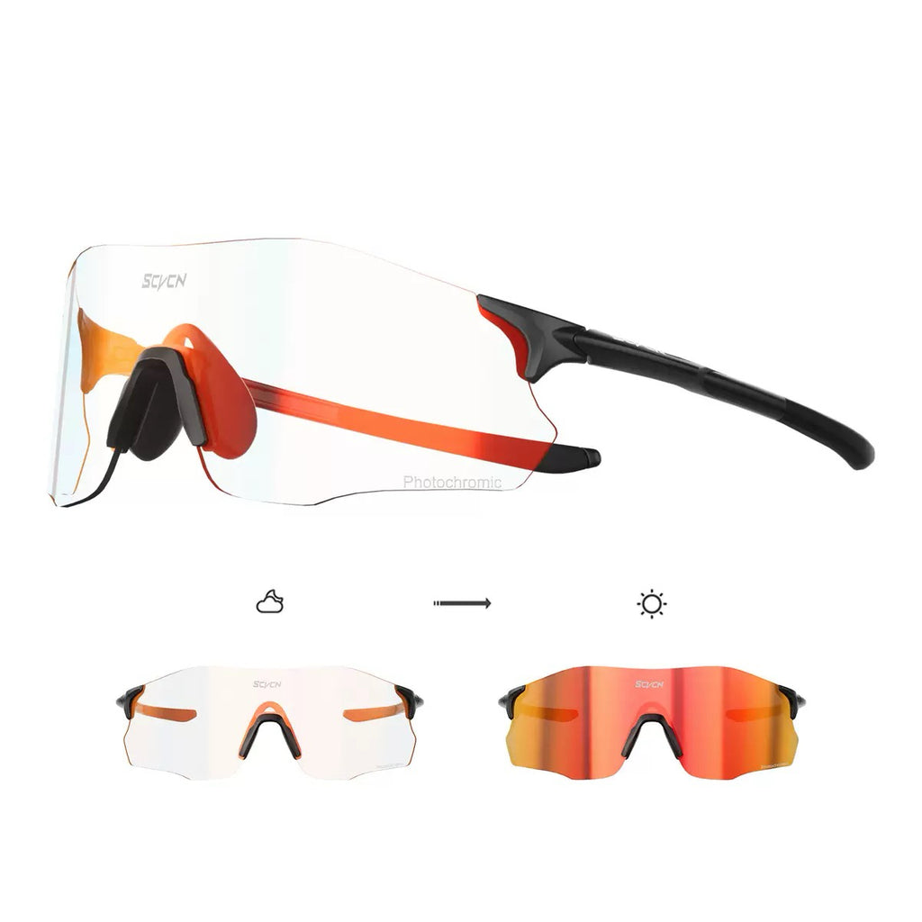 Matte Black TR90 rimless shield sunglasses with photochromic red lens, multi-view composite