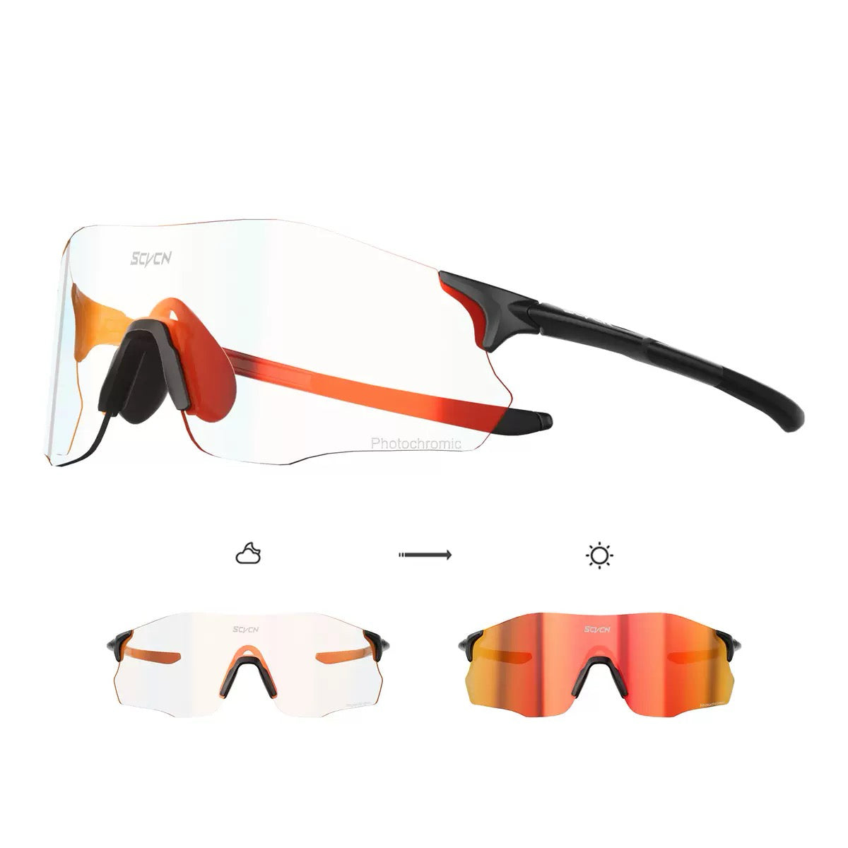 Matte Black TR90 rimless shield sunglasses with photochromic red lens, multi-view composite