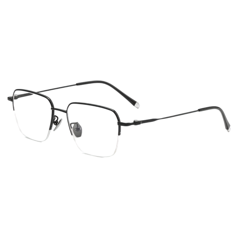 Black minimalist rounded browline profile semi-rimless eyeglass frame, three-quarter product view