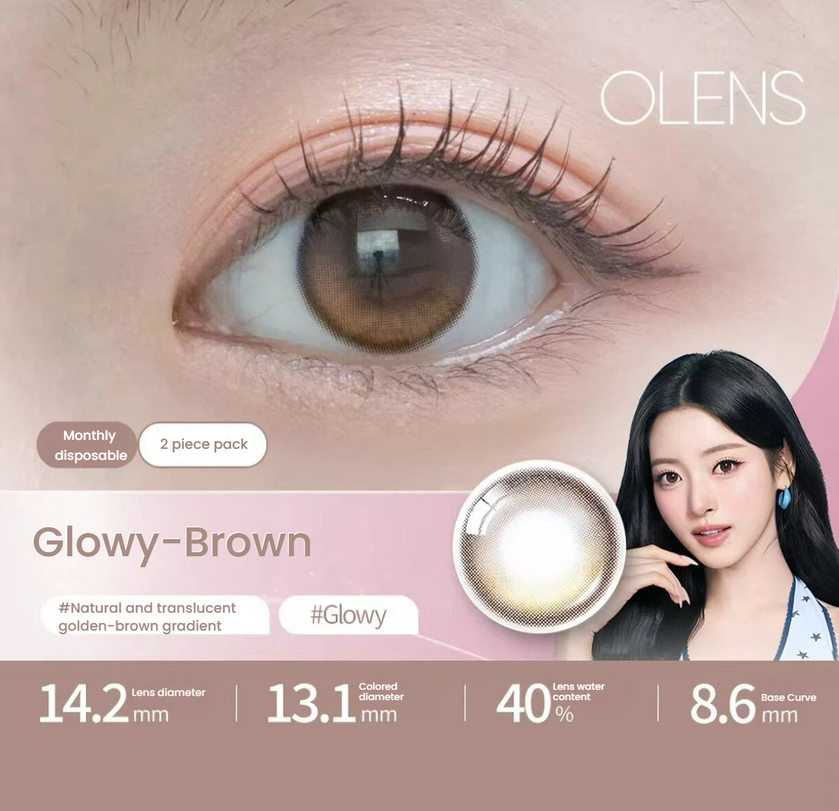 OLENS Glowy Brown toric contact lens shown on an eye