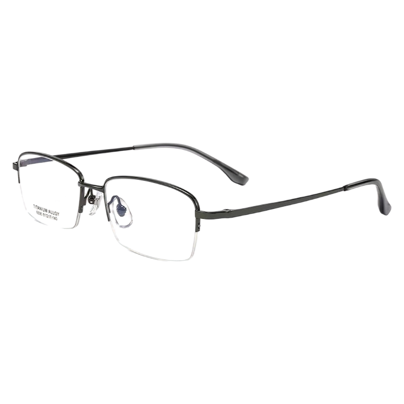 Gunmetal classic business rectangular profile semi-rimless eyeglass frame, three-quarter product view
