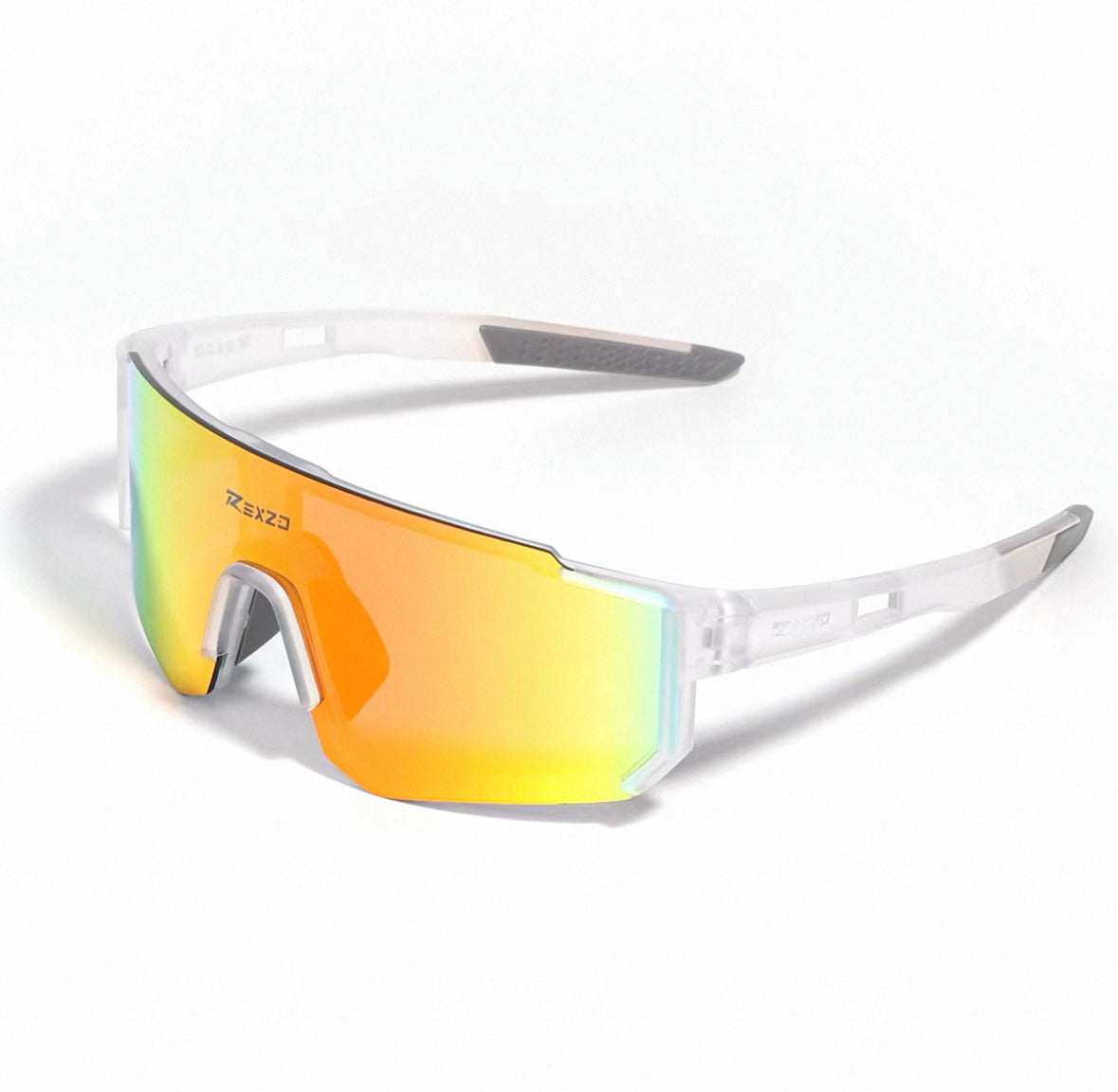 Matte Crystal Clear Frame/Red Mirror Lens front and 45-degree product views of Wraparound Windproof Dustproof Sports Sunglass