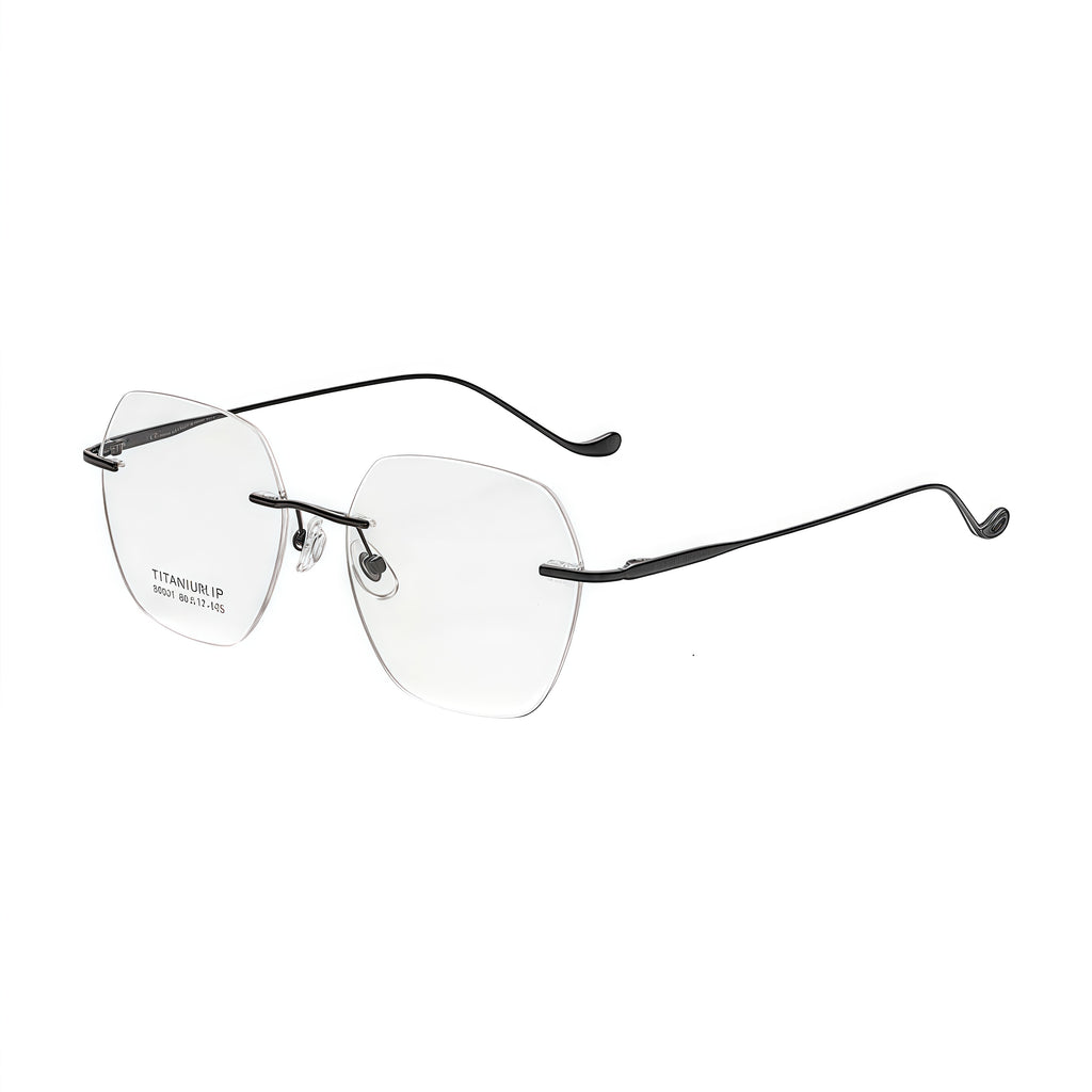 Black women pure titanium soft-square rimless eyeglasses, 45-degree view