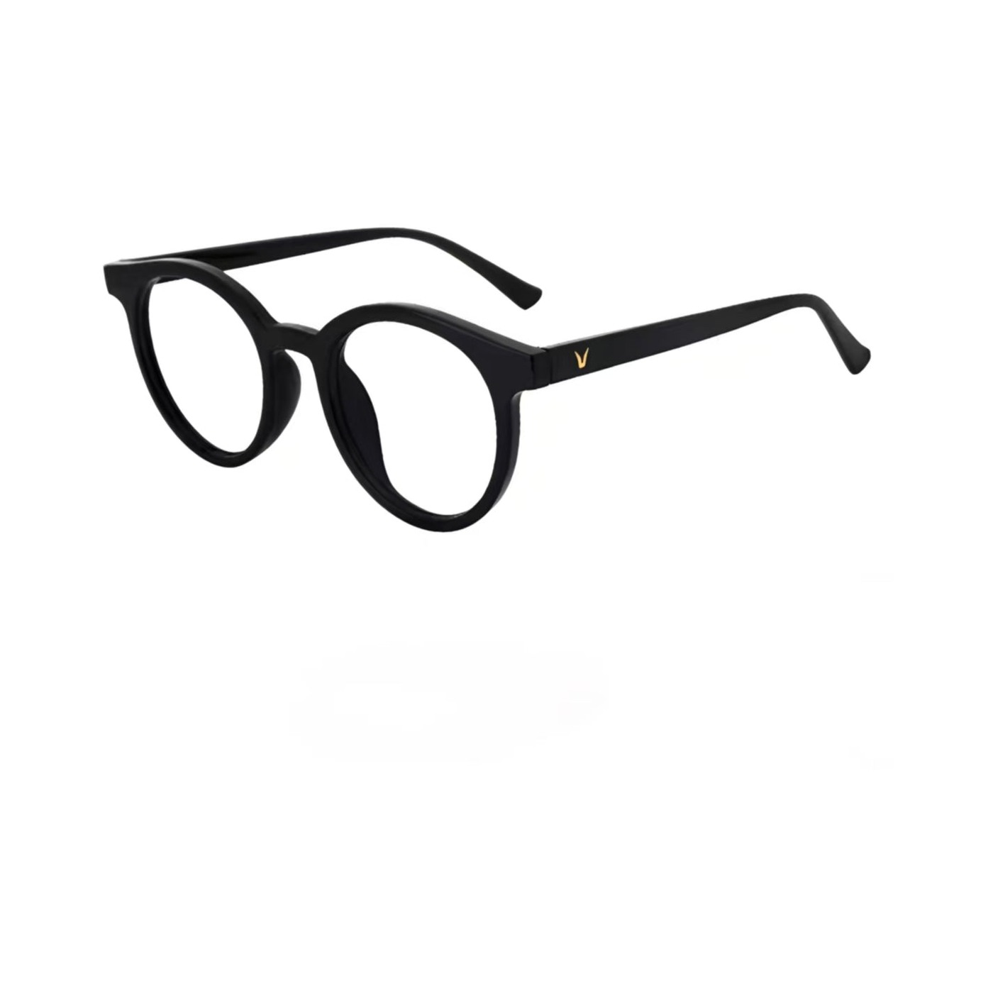 Black softly rounded full-rim eyeglass frame, 45-degree product view