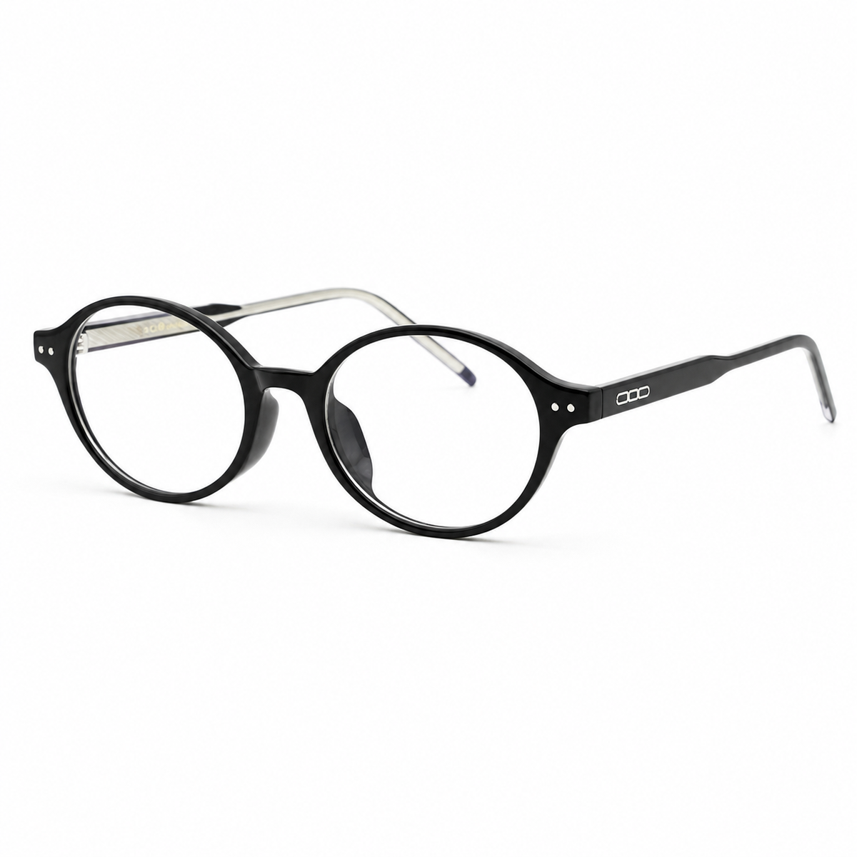 Black acetate oval full-rim glasses, 45-degree product view
