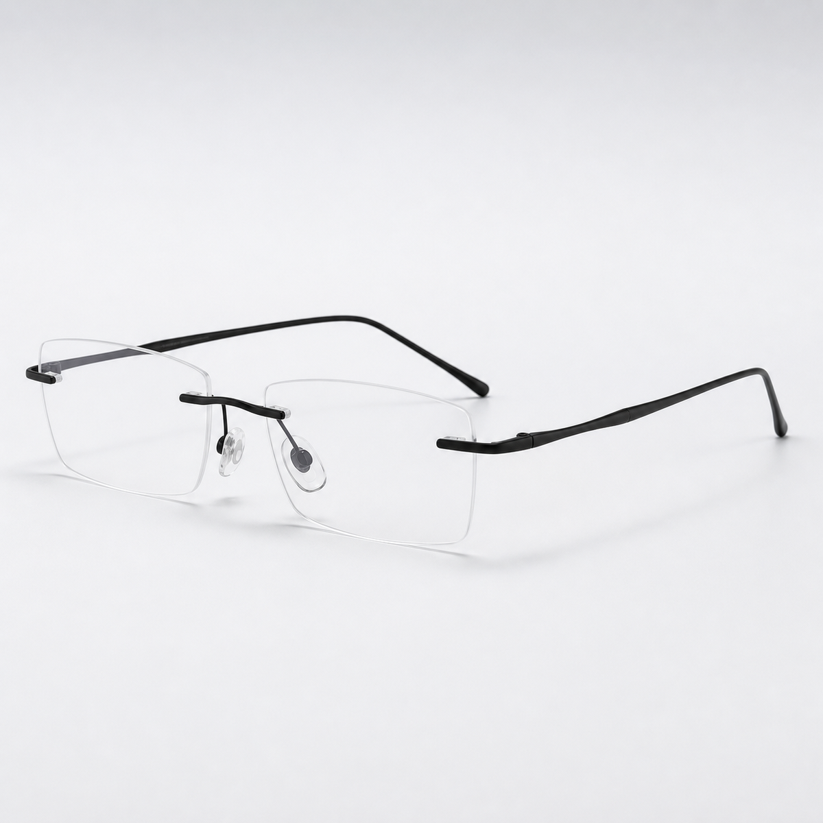 Black beta-titanium rectangular rimless glasses, 45-degree product view