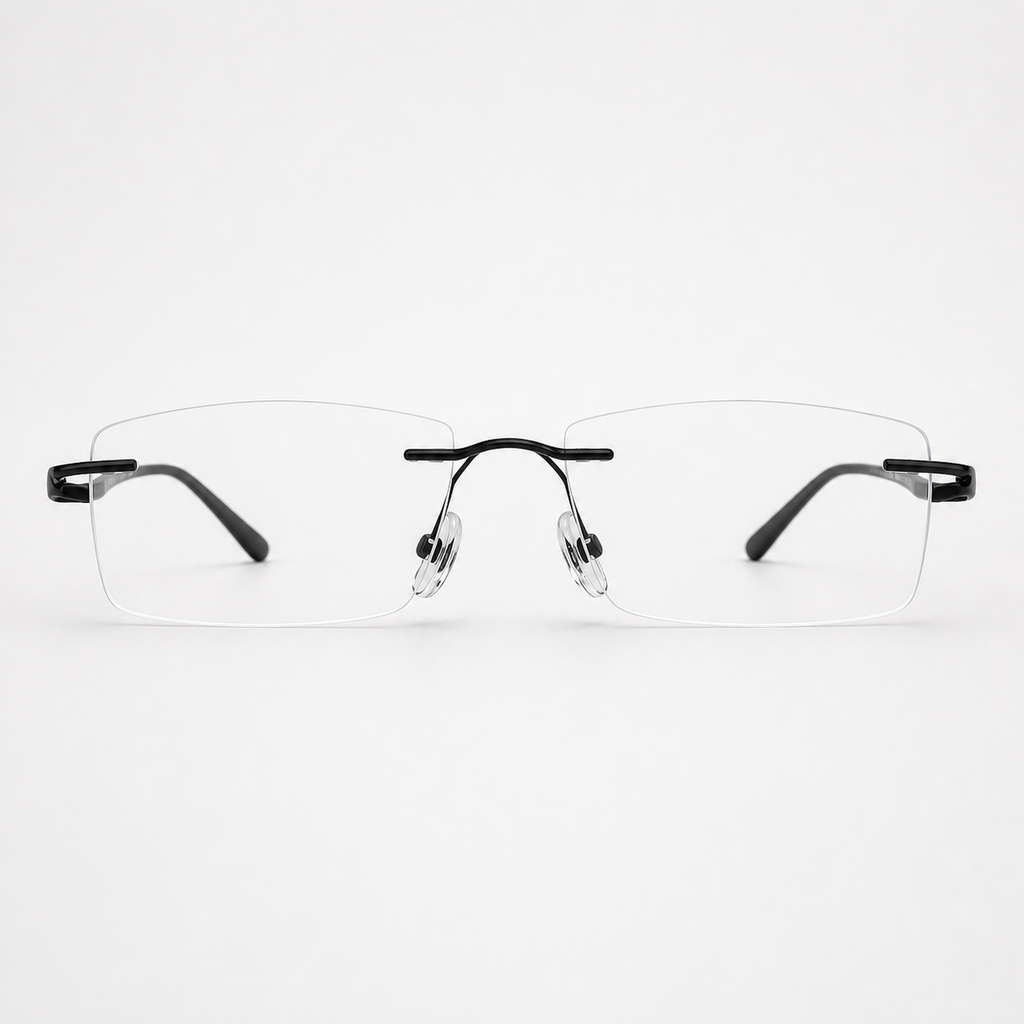 Black beta-titanium rectangular rimless glasses, front product view