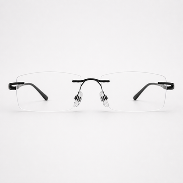 Black beta-titanium rectangular rimless glasses, front product view