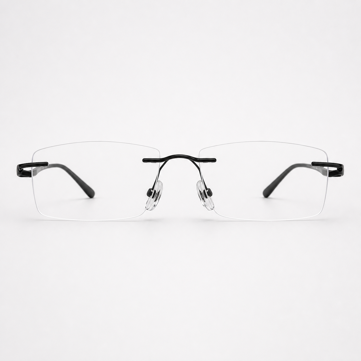 Black beta-titanium rectangular rimless glasses, front product view