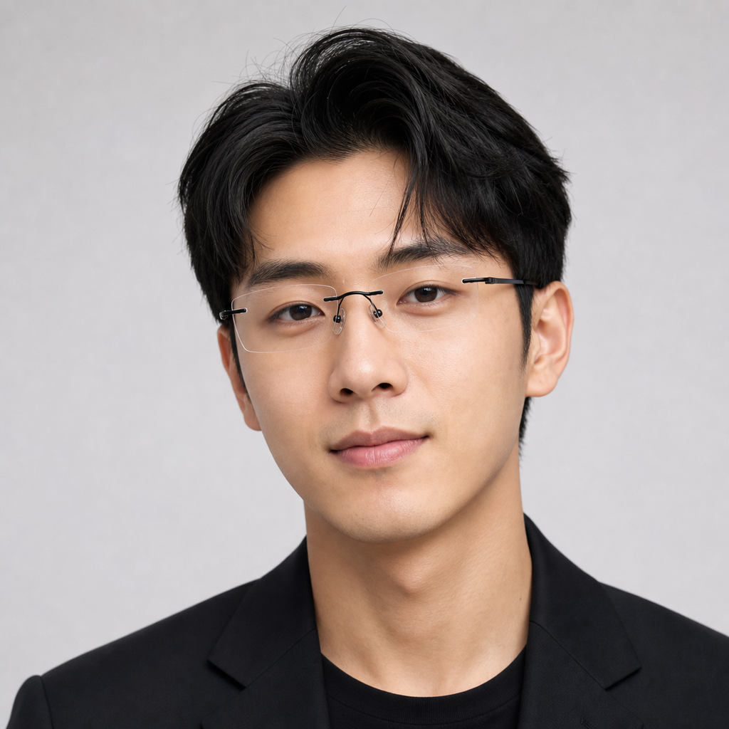 Black beta-titanium rectangular rimless glasses worn by an adult East Asian man