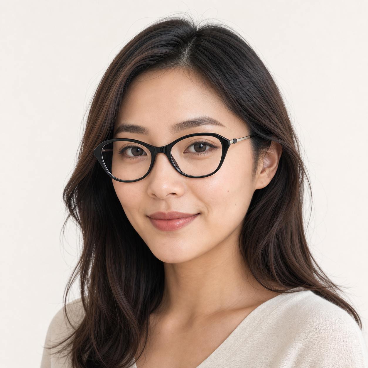 Black cat-eye full-rim glasses worn by an adult East Asian woman