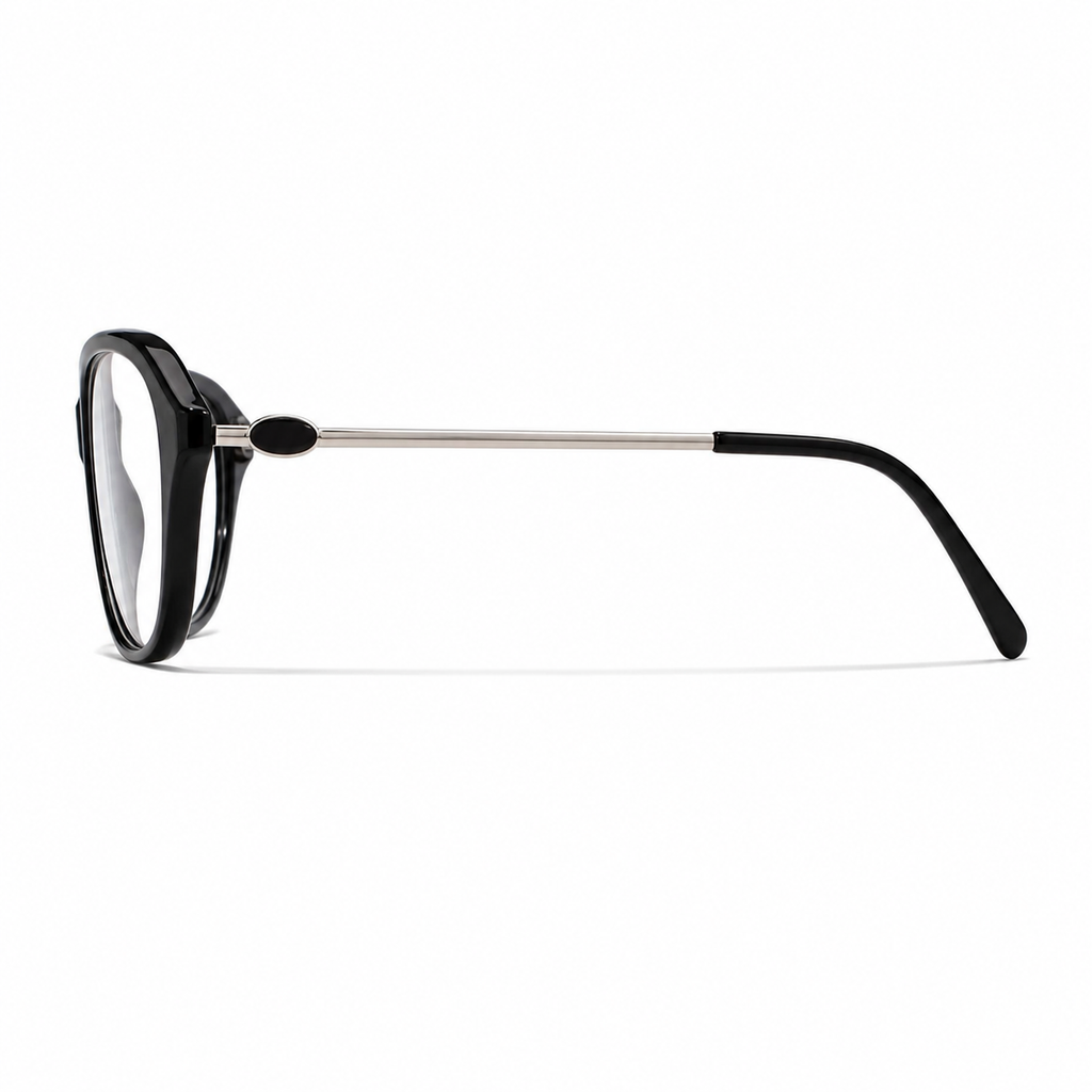 Black cat-eye full-rim eyeglass frame, side-profile product view