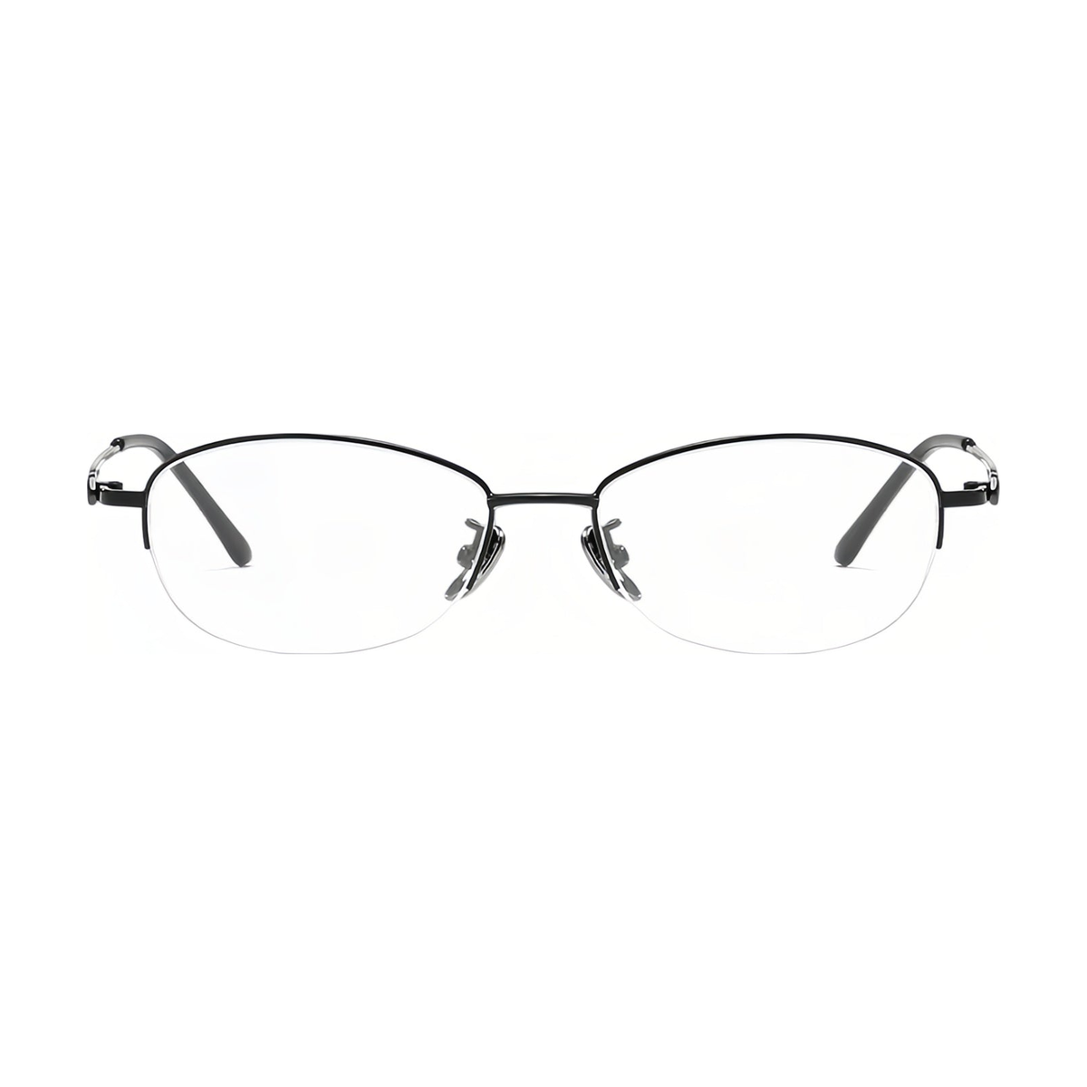Black elegant alloy semi-rimless eyeglass frame, front product view
