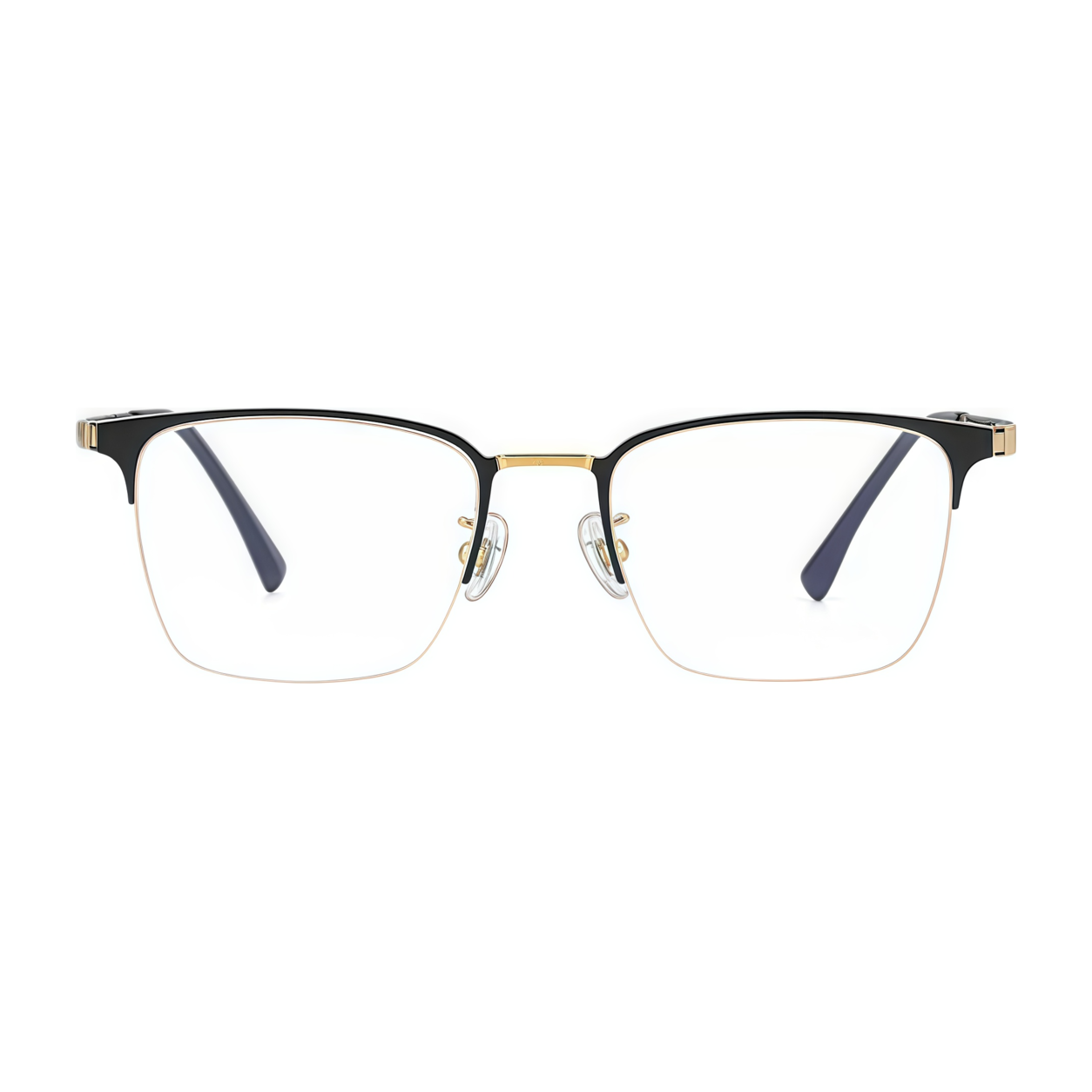 Black/Gold pure titanium semi-rimless eyeglass frame, front product view