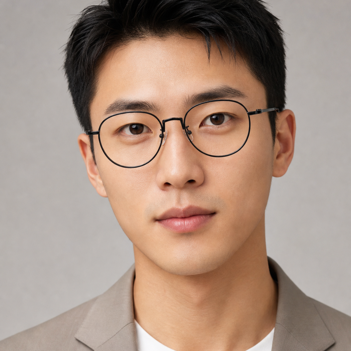 Black men's alloy near-round full-rim glasses worn by an adult East Asian man