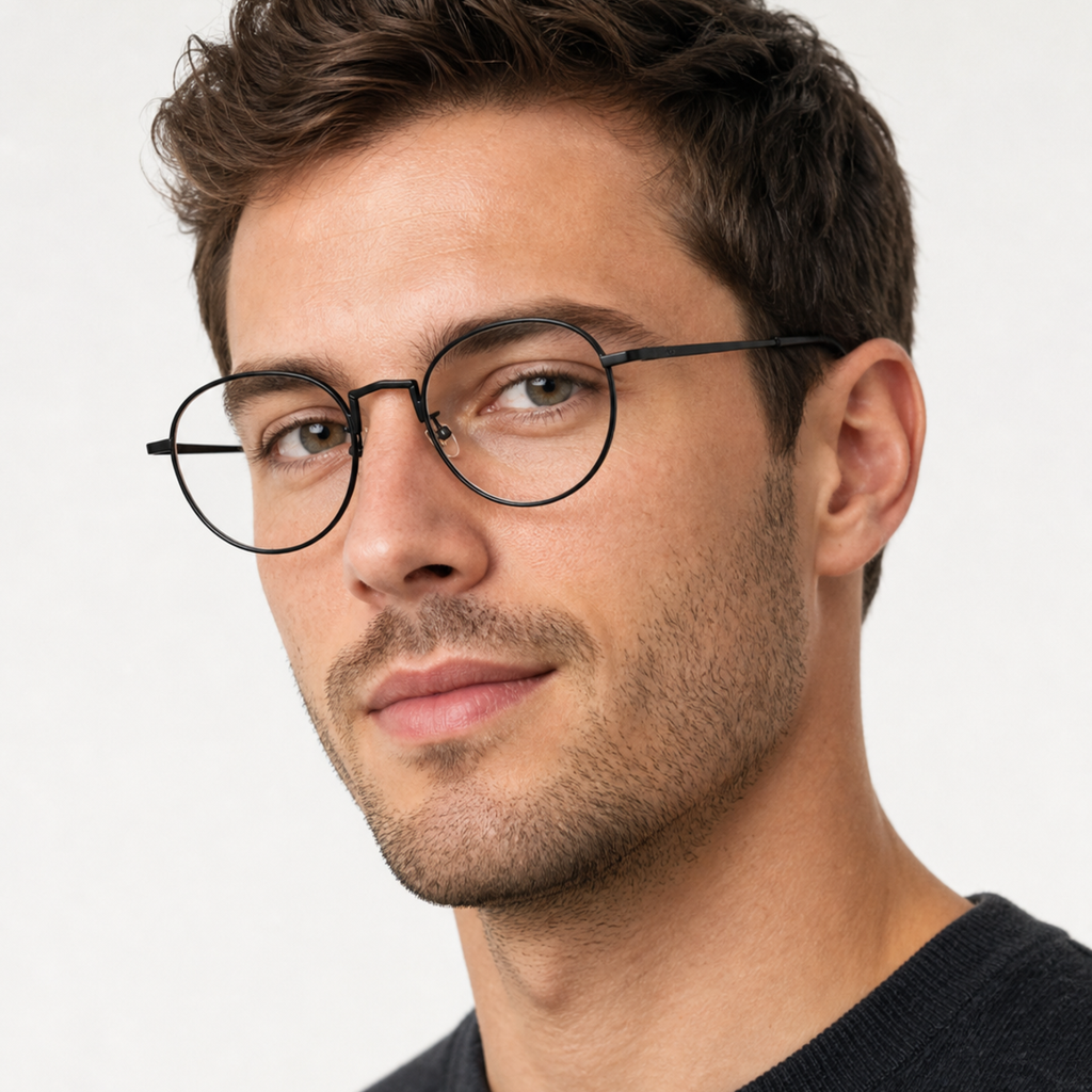 Black men's alloy near-round full-rim glasses worn by an adult White man