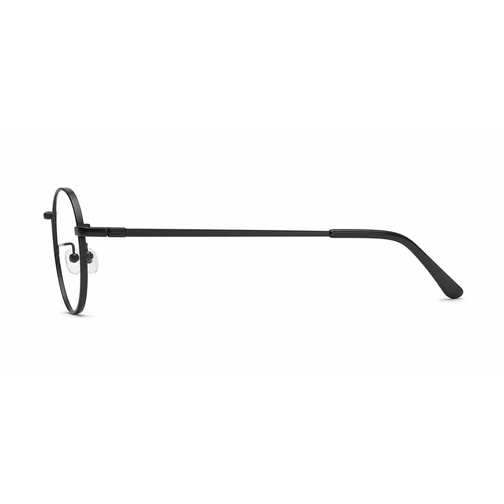 Black men's alloy near-round full-rim glasses, side-profile product view