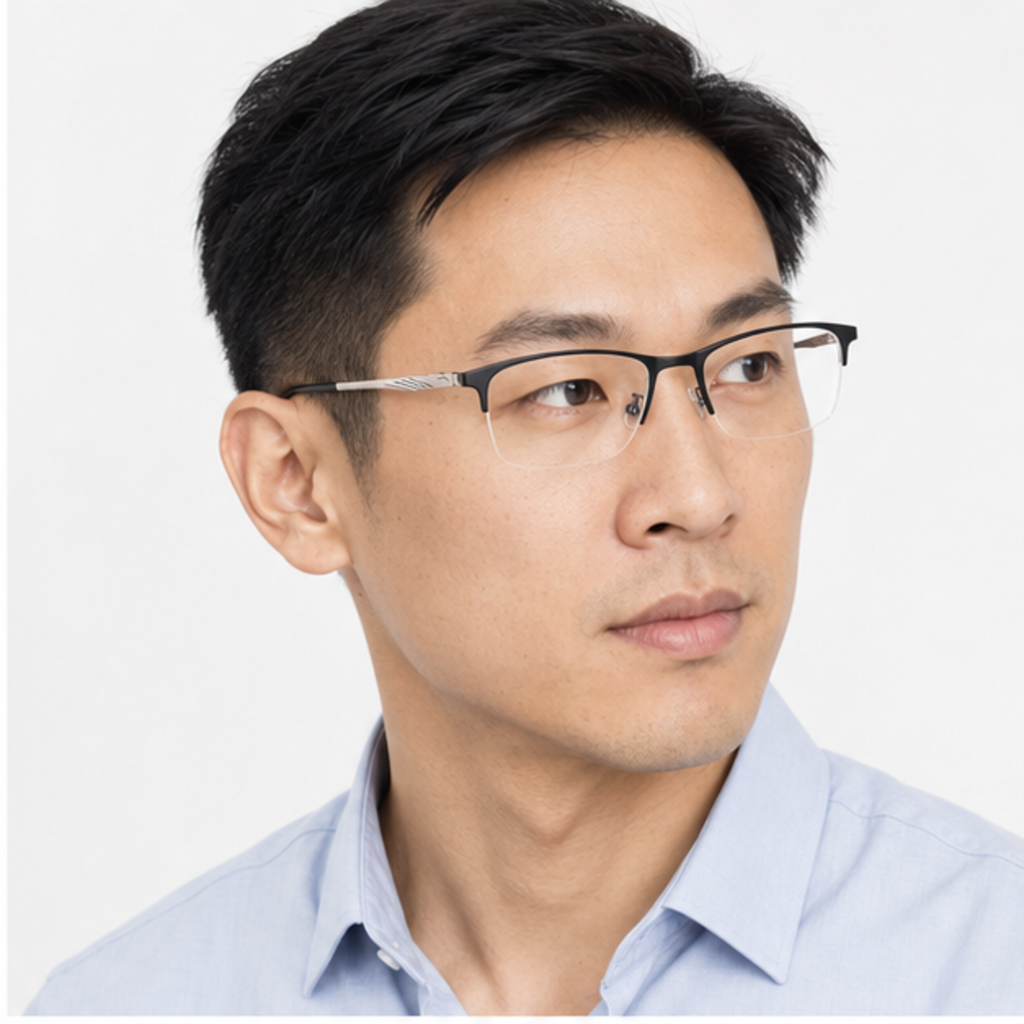 Black slim classic professional alloy semi-rimless glasses worn by an adult East Asian Man