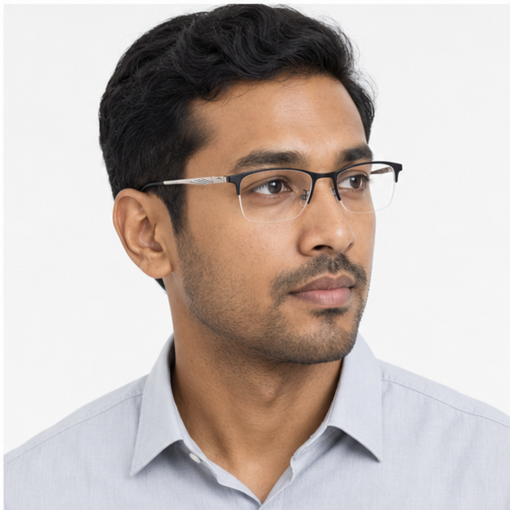 Black slim classic professional alloy semi-rimless glasses worn by an adult South Asian Man