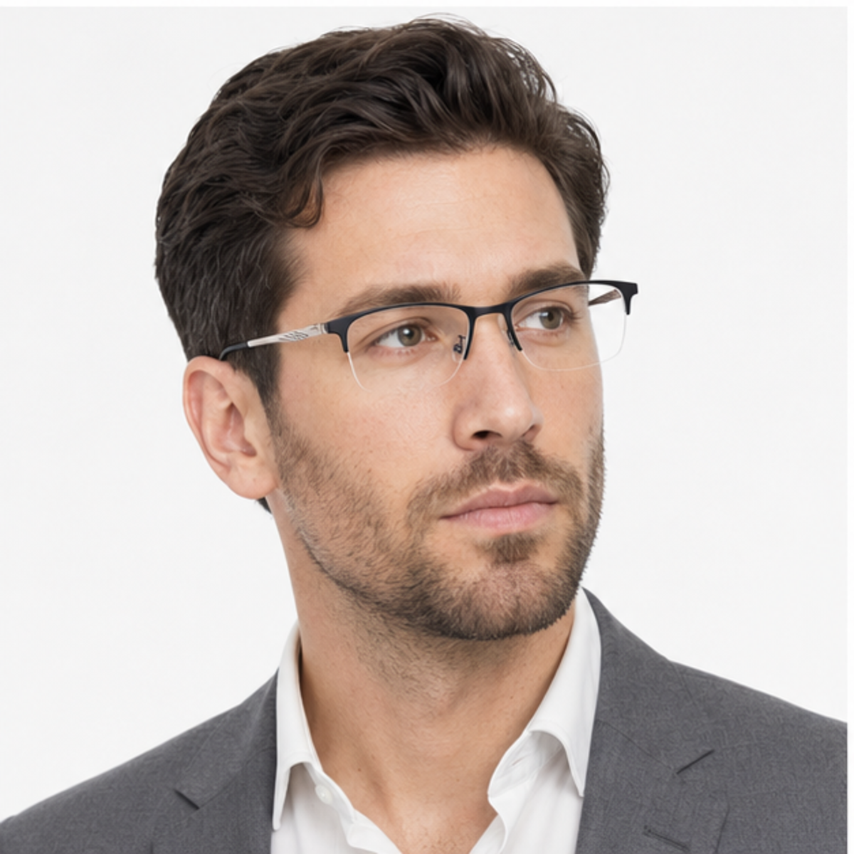Black slim classic professional alloy semi-rimless glasses worn by an adult White Man