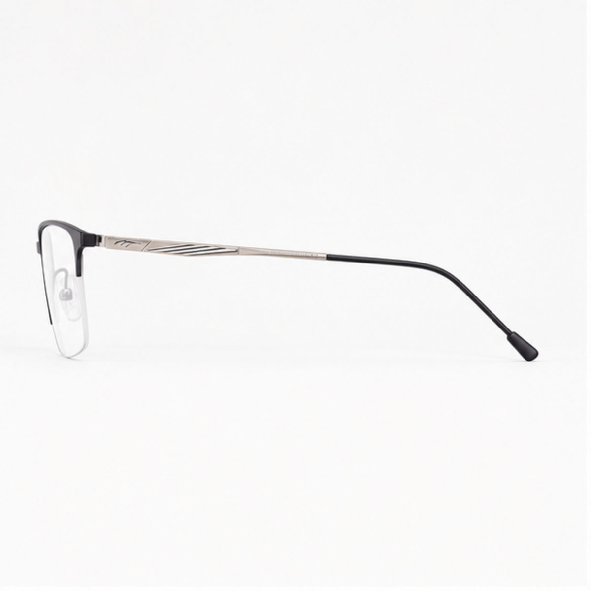 Black slim classic professional alloy semi-rimless glasses, side-profile product view
