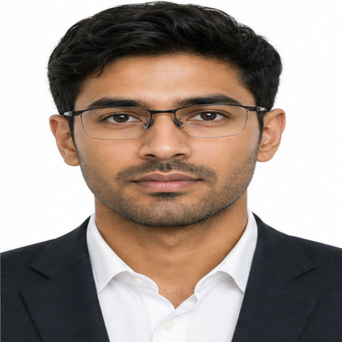 Black men's professional alloy semi-rimless glasses worn by an adult South Asian Man