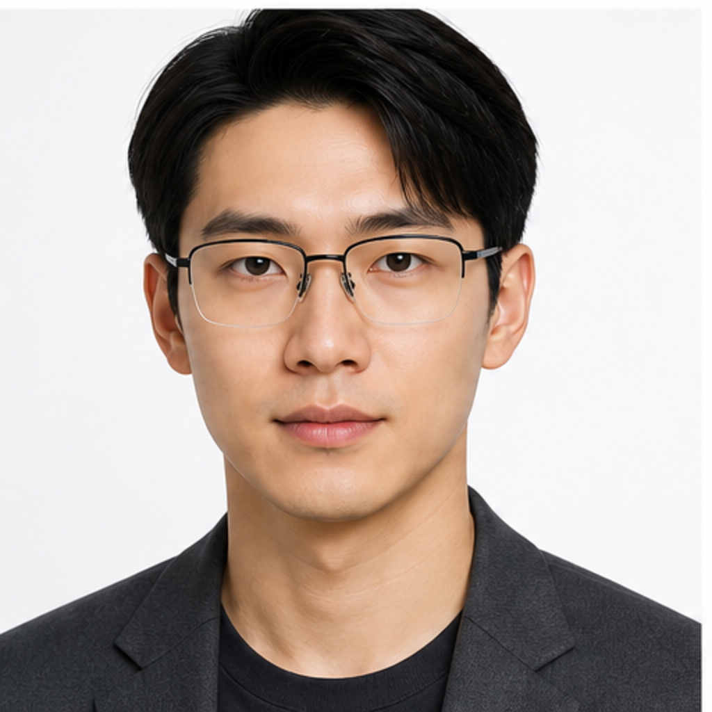 Black men's pure titanium semi-rimless glasses worn by an adult East Asian Man