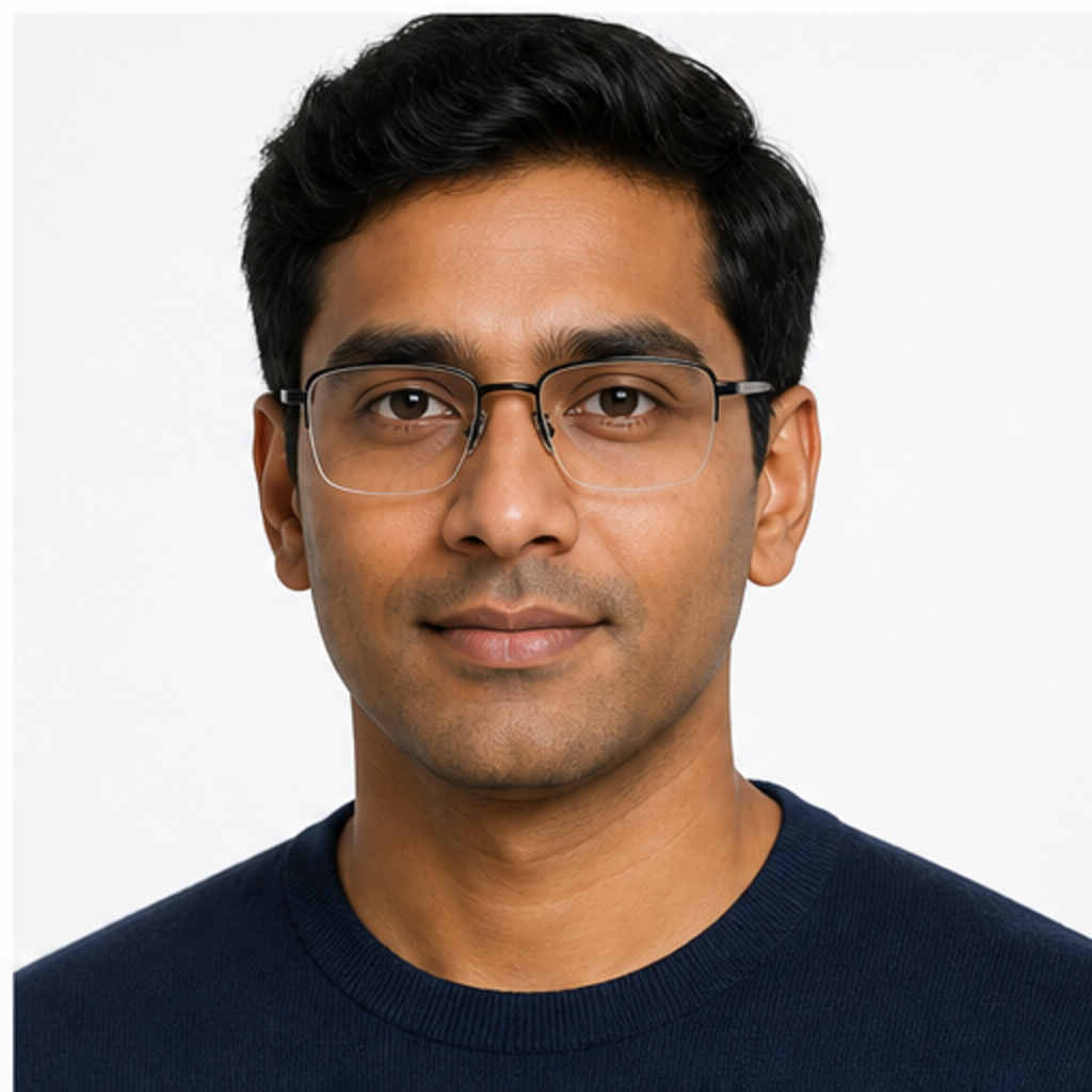 Black men's pure titanium semi-rimless glasses worn by an adult South Asian Man