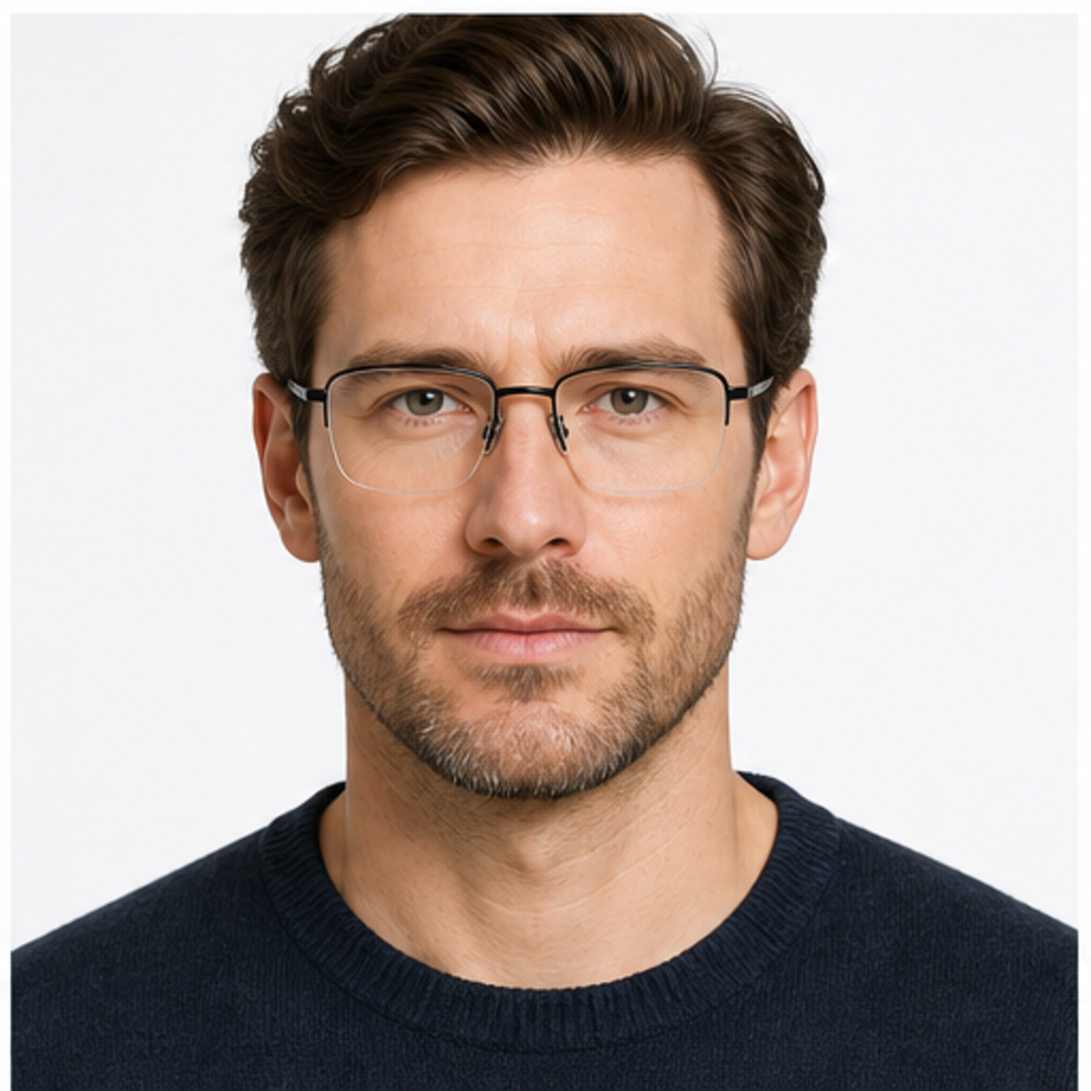 Black men's pure titanium semi-rimless glasses worn by an adult White Man