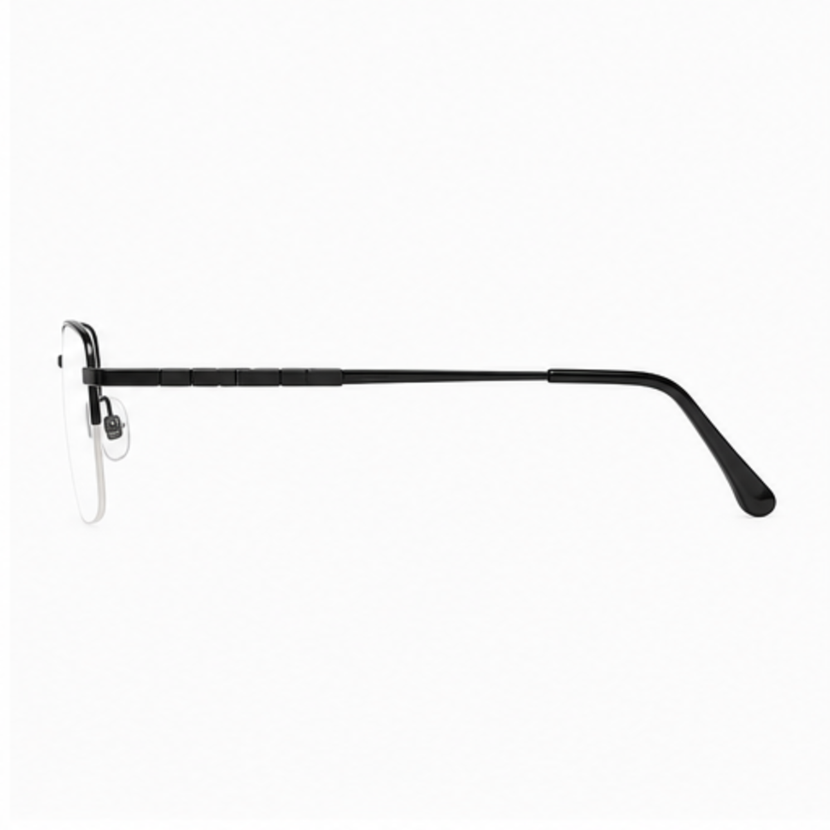 Black men's pure titanium semi-rimless glasses, side-profile product view