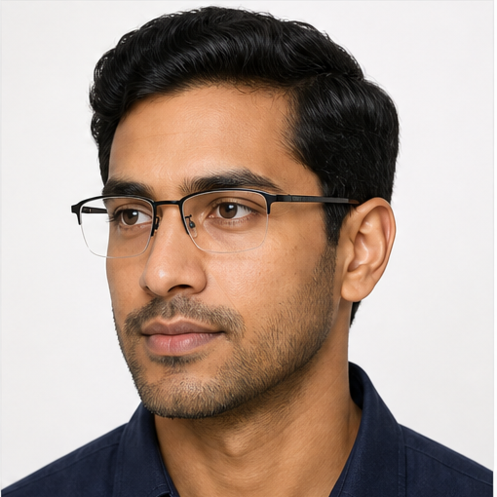 Black men's semi-titanium semi-rimless glasses worn by an adult South Asian Man
