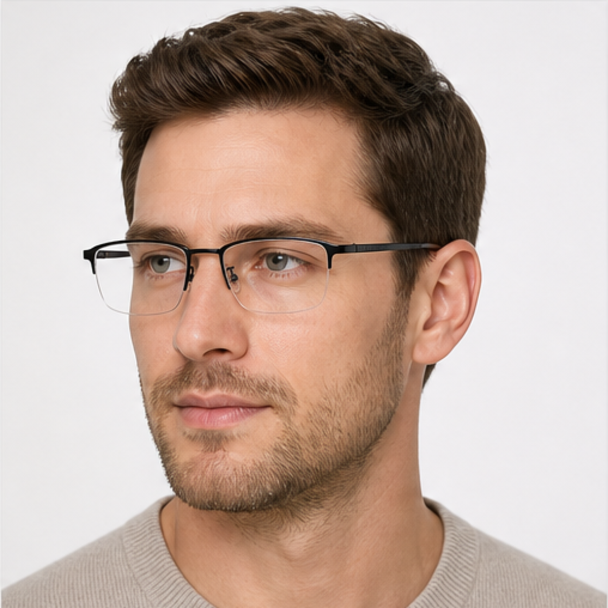 Black men's semi-titanium semi-rimless glasses worn by an adult White Man