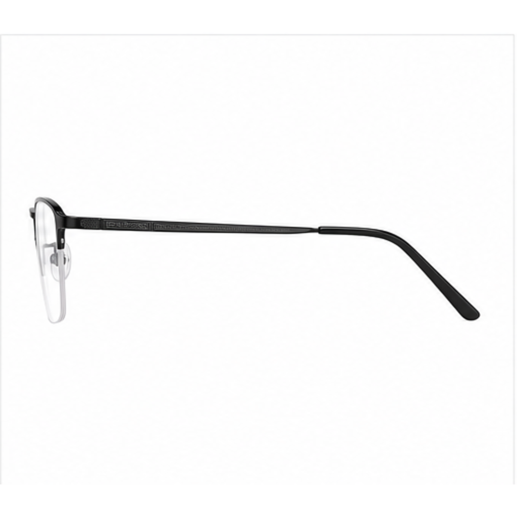 Black men's semi-titanium semi-rimless glasses, side-profile product view