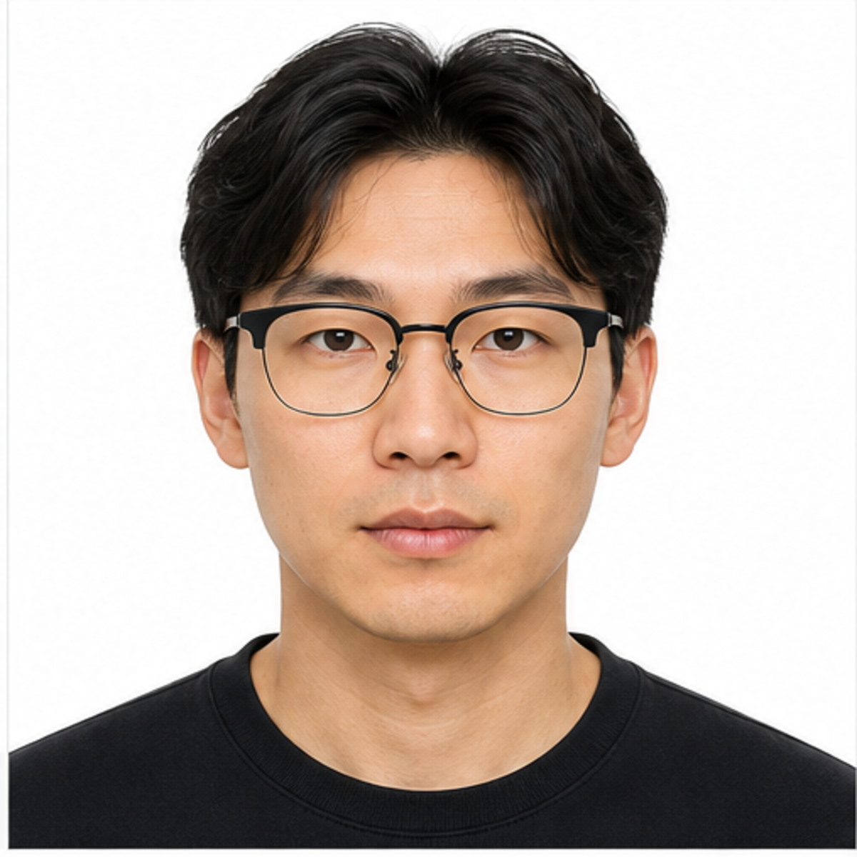 Black men's TR-and-titanium 53 mm semi-rimless glasses worn by an adult East Asian Man