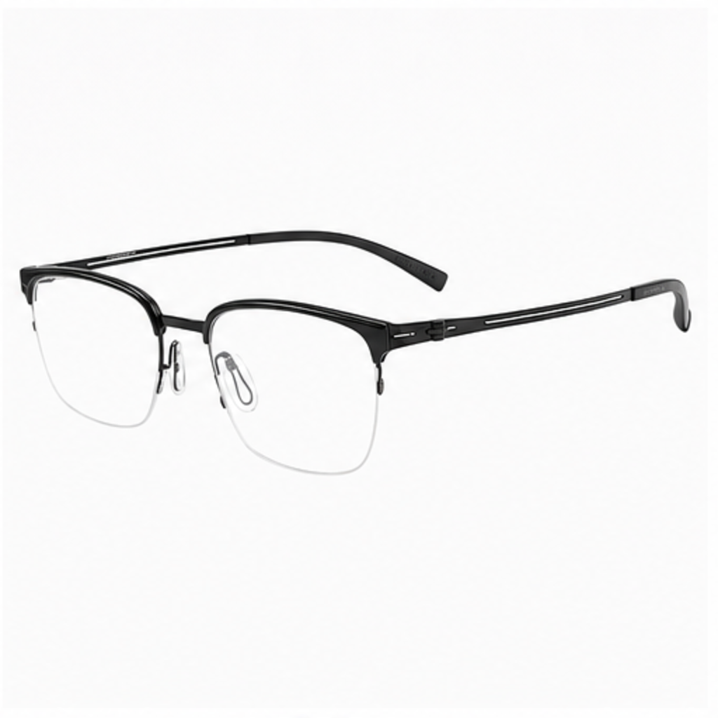 Black men's TR-and-titanium semi-rimless glasses, 45-degree product view