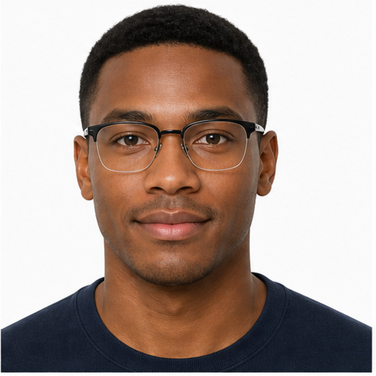 Black men's TR-and-titanium semi-rimless glasses worn by an adult Black Man