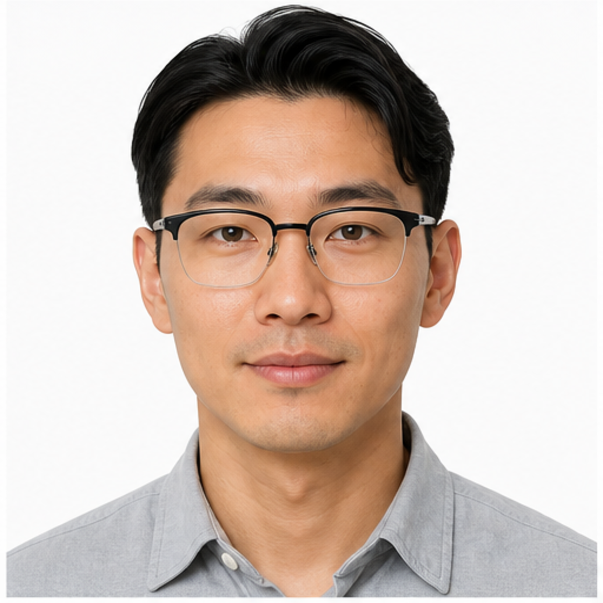 Black men's TR-and-titanium semi-rimless glasses worn by an adult East Asian Man