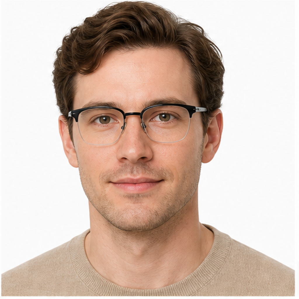 Black men's TR-and-titanium semi-rimless glasses worn by an adult White Man