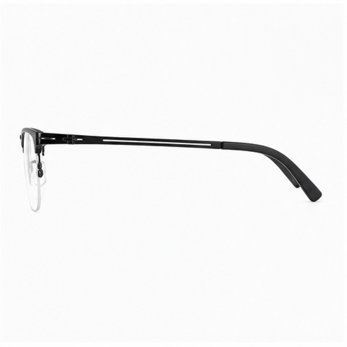 Black men's TR-and-titanium semi-rimless glasses, side-profile product view
