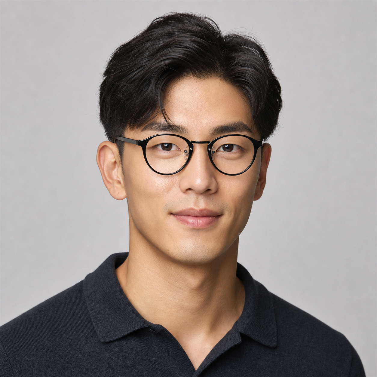 Black ultra-light round full-rim glasses worn by an adult East Asian man