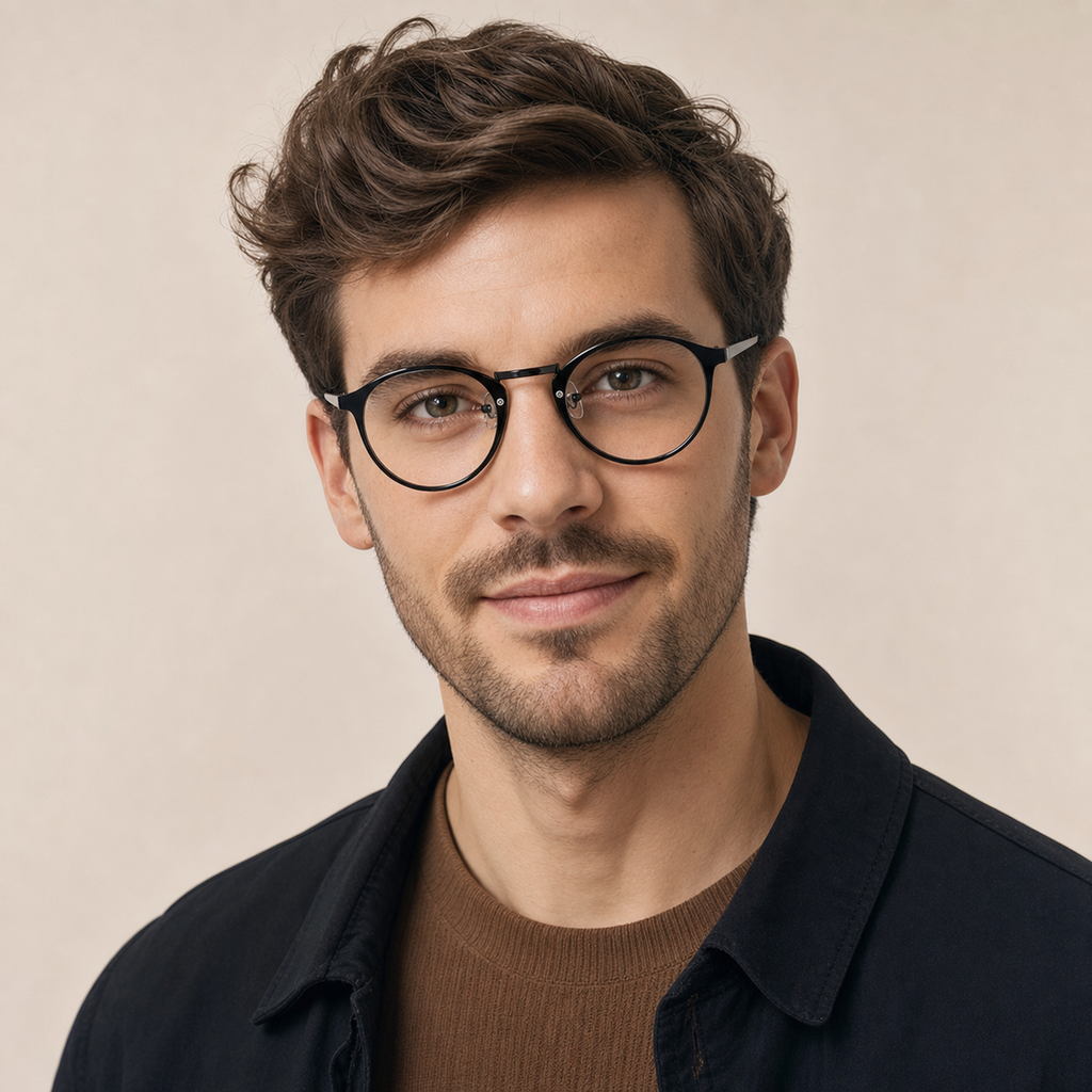 Black ultra-light round full-rim glasses worn by an adult White man