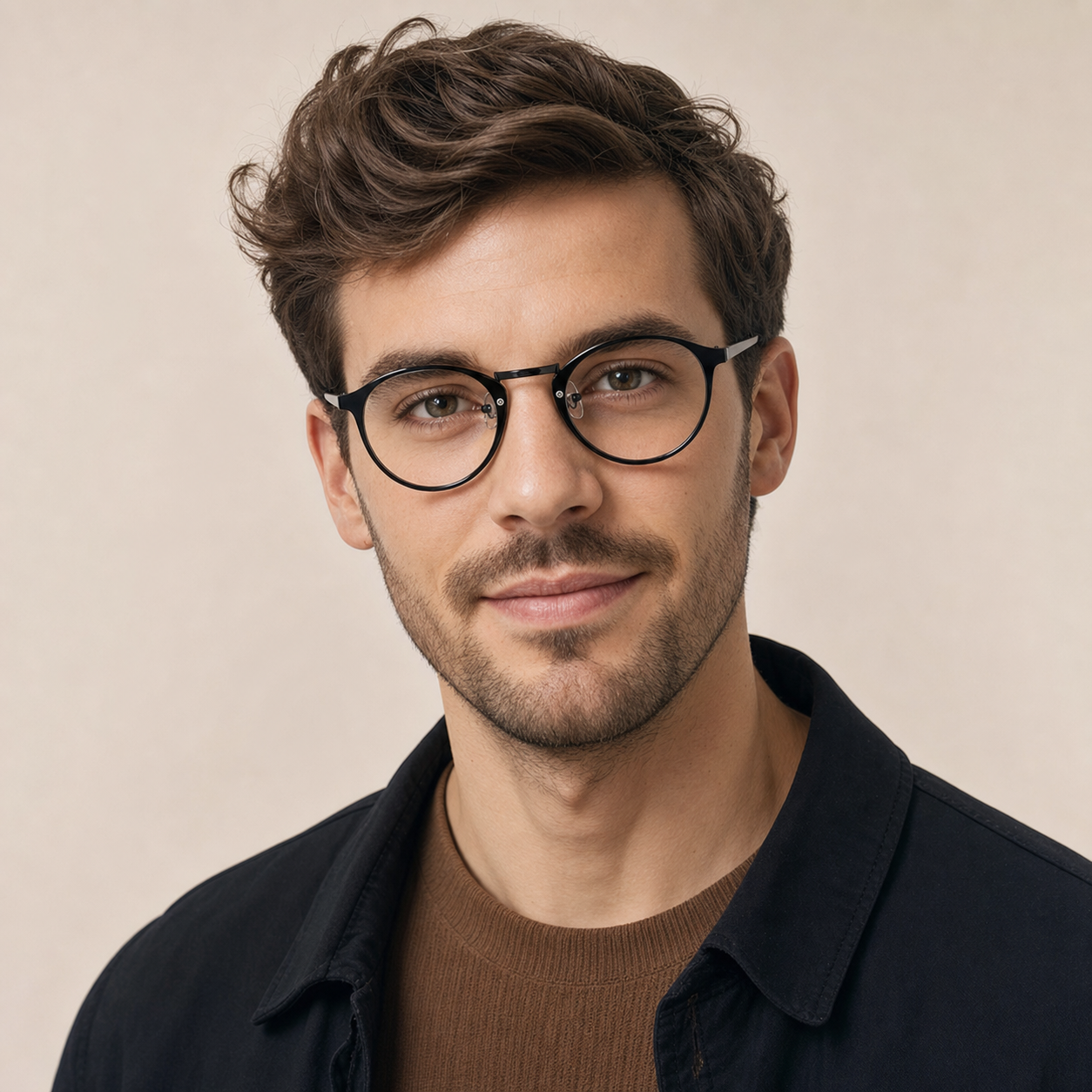 Black ultra-light round full-rim glasses worn by an adult White man